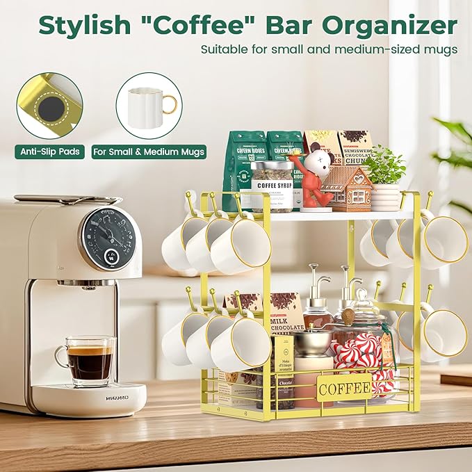 EsLuker.ly Coffee Bar Station Organizer Mug Cup Holder Stand for Countertop, Multi-Functional 2 Tier Mug Tree Rack for Kitchen, Storage Shelf with 12 Hooks, White-Gold