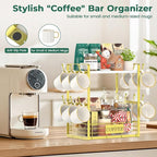 EsLuker.ly Coffee Bar Station Organizer Mug Cup Holder Stand for Countertop, Multi-Functional 2 Tier Mug Tree Rack for Kitchen, Storage Shelf with 12 Hooks, White-Gold
