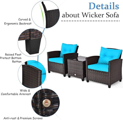 COSTWAY 3PCS Patio Furniture Set, PE Rattan Wicker Sofa w/Washable Cushion and - Image 7