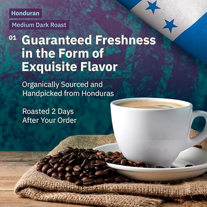 Organic Honduran Whole Bean Medium Dark Roast - 12oz, Single Origin Arabica Beans, Fair Trade Specialty Coffee