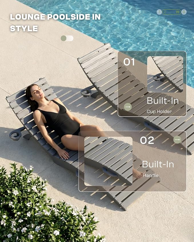 Folding HDPE Pool Lounge Chairs Set of 2, Pre-Assembled Outdoor Chaise Lounge - Image 5