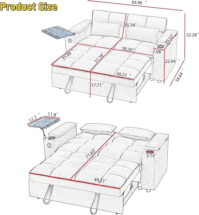 oaaktu 65''Convertible Sleeper Sofa Bed, 3-in-1 Pull Out Couch Bed - Image 2