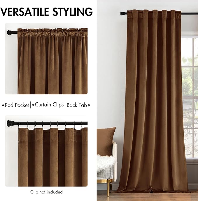 MIULEE Velvet Curtains 52x84 inches 2 Panels Brown Blackout Curtains | Luxury - Image 2