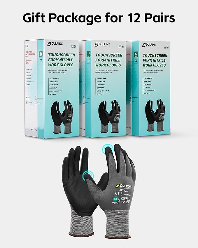 Safety Work Gloves MicroFoam Nitrile Coated-12 Pairs Pack,Blue Seamless Knit Nylon Glove with Black Micro-Foam Nitrile Grip,Ideal for General Purpose,Automotive,Home Improvement,Painting(Small)