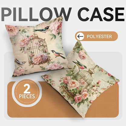OBSEDE Vintage Throw Pillow Covers Set of 2, 18x18 Inch Pink Rose and Bird Print - Image 5
