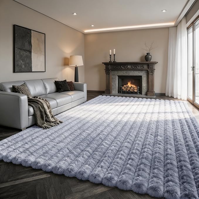 Blue Grey Rabbit Striped Plush Rug 8'x10', Fluffy Shaggy Area Rug by CHOVY