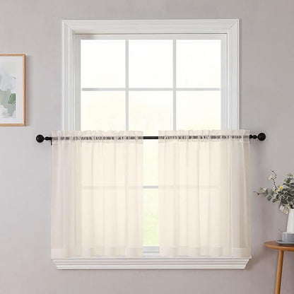 Kitchen Curtains 24 Inch Length Tier 2 Pieces, Cream Sheer Curtain Solid Soft by WelvetBLK