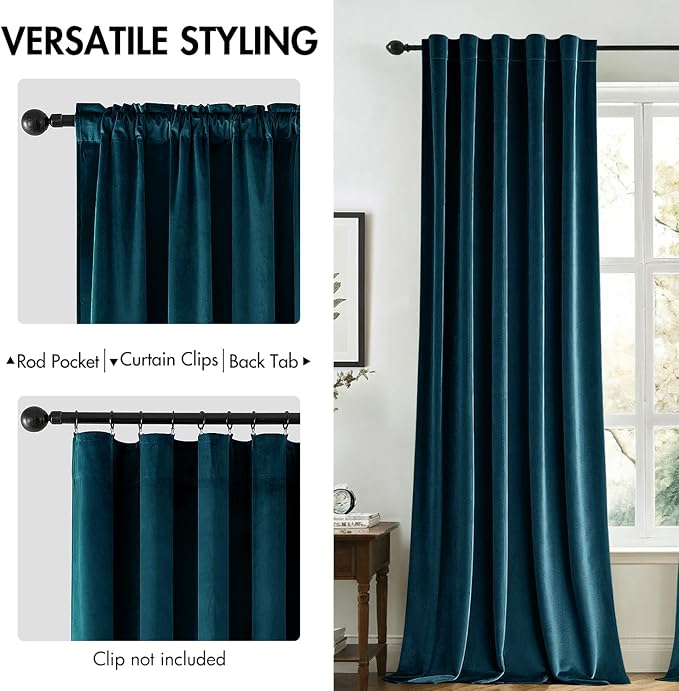 MIULEE Peacock Blue Velvet Curtains 52x72 inches 2 Panels Blackout Curtains | - Image 2