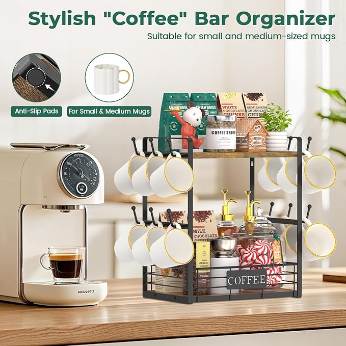 EsLuker.ly Coffee Mug Cup Holder Tree Bar Station Organizer for Countertop, Multi-Functional 2 Tier Mug Stand Rack for Kitchen, Storage Shelf with 12 Hooks, Vintage Brown-Black(Patented Design)