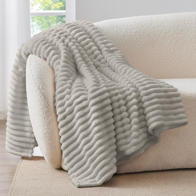 BEDELITE Striped Fleece Throw Blanket, Light Grey, Soft Cozy, Lightweight Warm - Image 7
