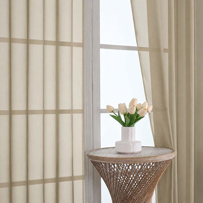 Taupe Sheer Curtains 63 Inches Long 2 Panels Set, Light Filtering Sheer Curtains - Image 3