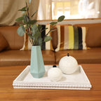 Wood Decorative Coffee Table Serving Tray, Farmhouse Rectangular Tray with Wooden Bead for Ottoman, Entertaining, Home Decor, 15.7”*11.8”*1.57” (Whitewashed)