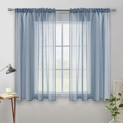MIULEE Dusty Blue Linen Textured Semi-Sheer Curtains 54W×45L Kitchen | Semi - Image 8