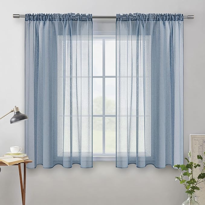 MIULEE Dusty Blue Linen Textured Semi-Sheer Curtains 54W×63L 2 Panels | Semi - Image 8