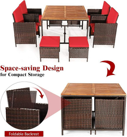 Tangkula 9 Pieces Acacia Wood Patio Dining Set, Space Saving Wicker Chairs and - Image 6