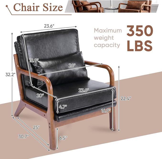 Mid Century Modern Accent Chairs Set of 2 Living Room- Comfy Wood Arm Chair - Image 2