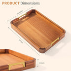 Acacia Wood Serving Tray with Metal Handles, 17x12in Food Drinks Tray for Coffee Table, Breakfast, Dinner & Bar, Rustic Decorative Storage Tray for Ottoman, Kitchen, Parties