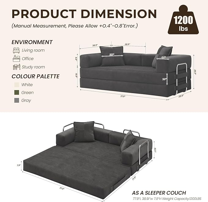 GRUSIGN 78 Inch Convertible Sofa Bed, 5-in-1 Futon Sofa Bed Pull Out Couch - Image 2