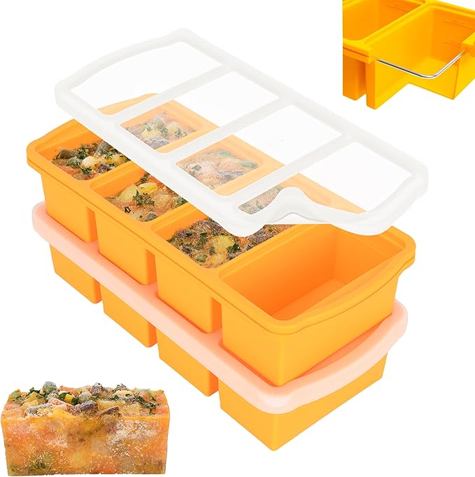 Silicone Freezer Trays with Lid,1-cup Soup Freezer Container large Ice Cube Molds with Reinforced Steel Ring Top for freezing Soup Sauce Broth Leftovers oven Dishwasher -Safe(2-Pack)
