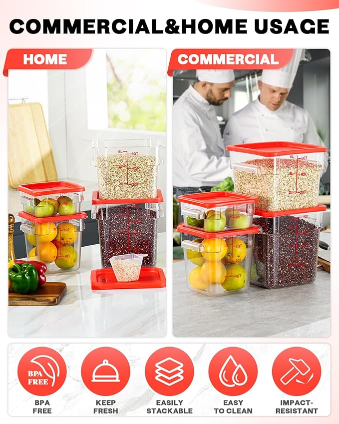 2QT&4QT NSF Food Storage Containers with Lids: 4 PCS [Total Food Grade][Hot&Cold Resistant] Commercial Clear Food Storage Containers for Restaurant Kitchen Proof Dough (Red)