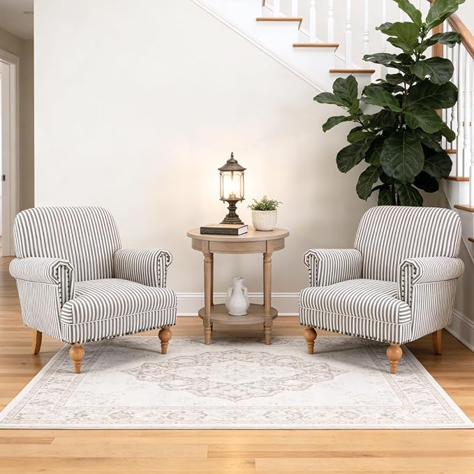 Black Striped Linen Fabric Accent Chair, Modern Farmhouse Upholstered Armchair - Image 7