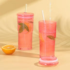 20 OZ Glass Cup with Lids and Glass Straws, High Borosilicate Iced Coffee Glass Tumblers with Lid and Straw for Drinks, 2pcs Reusable Wide Mouth Smoothie Cup(Red)