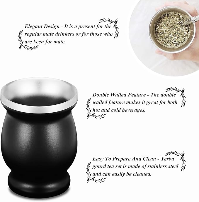 LA FEE Yerba Mate Natural Gourd/Tea Cup Set Brown (Original Traditional Mate Cup - 8 Ounces)，Includes Yerba Mate Straw & Cleaning Brush，Stainless Steel | Double-Walled | Easy to Clean (Black)