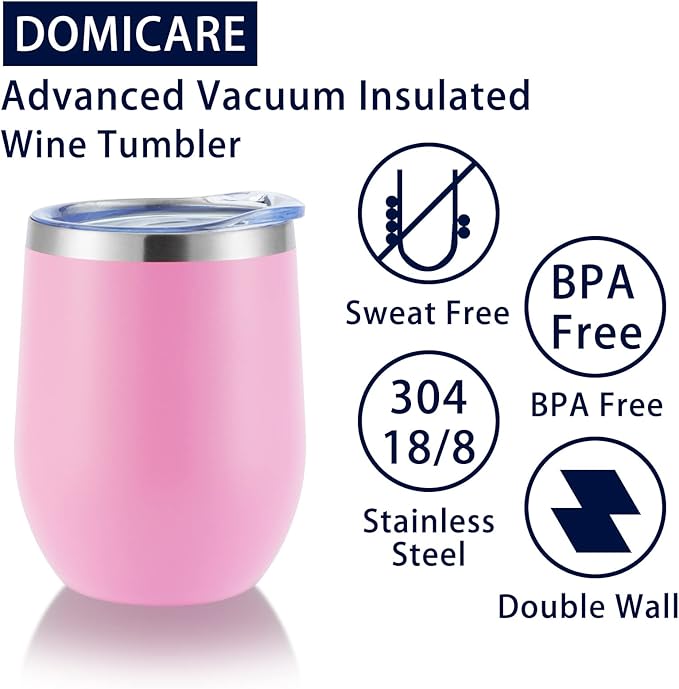 DOMICARE Stainless Steel Wine Tumbler Bulk with Lid, Personalized Insulated Tumblers Set, 12oz Travel Coffee Cups Pack of 1, Pink