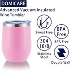 DOMICARE Stainless Steel Wine Tumbler Bulk with Lid, Personalized Insulated Tumblers Set, 12oz Travel Coffee Cups Pack of 1, Pink