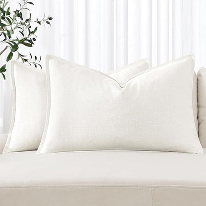 MIULEE Decorative Linen Lumbar Pillow Covers 12x20 Inch Cream White | Boho by MIULEE
