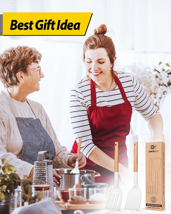 Pack of 2 Silicone Cooking Spatula, Heat Resistant Solid Turner, Non Stick Slotted Spatulas with Wooden Handle,Ideal Wood Kitchen Utensils Set for Frying, Baking, Flipping, Turning (WHITE)