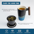 suyika Tomotime Ceramic Tea Cup with Infuser and Lid Tea Mugs Wooden Handle 400ml/13.5oz Black cyan
