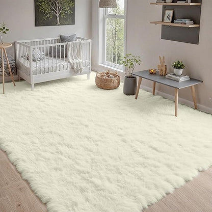 8x10 Fluffy Shag Area Rugs for Living Room Bedroom: Soft Carpet Cream White | - Image 9