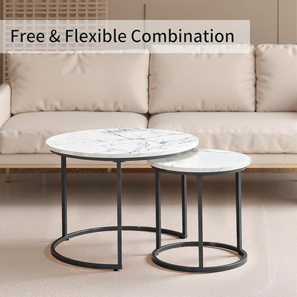 Round Nesting Coffee Table Set of 2, Modern Marble Pattern Wooden Nesting Tables - Image 7