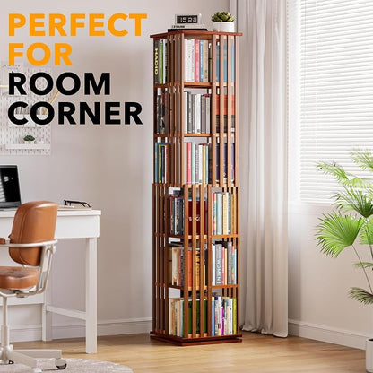 SpaceAid 6 Tier Rotating Bookshelf Tower, Bamboo Spinning Book Shelf, Revolving - Image 5