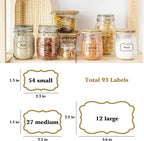 Kitchen Pantry Food Containers Clear Labels with Gold Border, 93 Waterproof Removable Write-on Sticker Labels Tags to Organize Spice Jars Condiment Flour Sugar Canisters Storage Bins, Free 2 Markers
