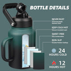 BJPKPK 64oz Insulated Water Bottle with Handle, Large Dishwasher Safe Half Gallon Water Bottle, BPA Free Water Jug, Wide Mouth Metal Water Bottle with Anti-slip Bottom, Army Green & Black