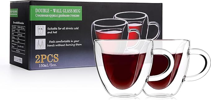 CNGLASS Mothers Day Gifts for Mom,Double Wall Heart Shaped Glass Coffee Mugs 5oz(Set of 2),Insulated Clear Tea Cups with Handle,Unique Glass Espresso Mugs for Coffee,Cappuccino,Latte,Milk