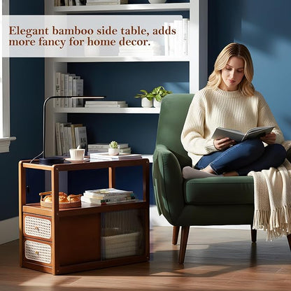 Tiita Rattan Nightstand Side Table, Bamboo Accent Bedside Tables, Glass Coffee - Image 3