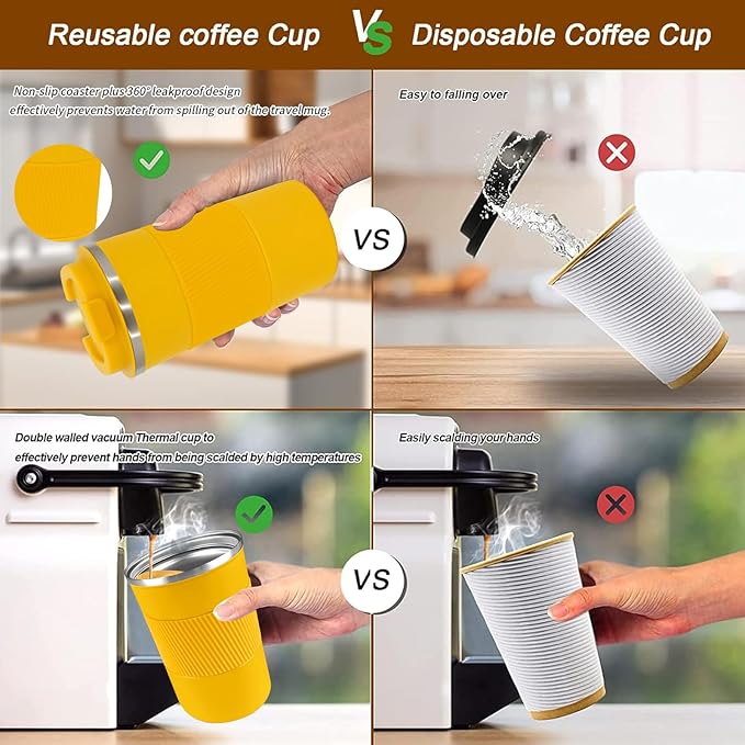 YINBAOGE Insulated Travel Coffee Mug, Spill & Leak Proof, Portable To Go Camping Stainless Steel Coffee Tumbler, Reusable Thermal Coffee Cup with Lid for Hot & Cold Drinks (Yellow, 12 OZ)