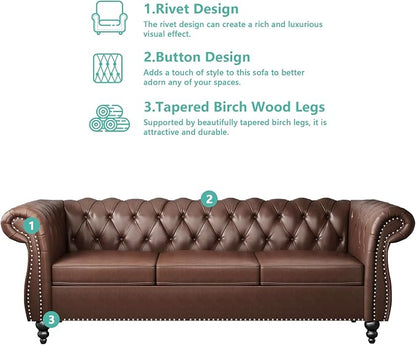 Chesterfield 3 Seater Sofa, Modern Leather Tufted Couch 3 Seater - Image 5