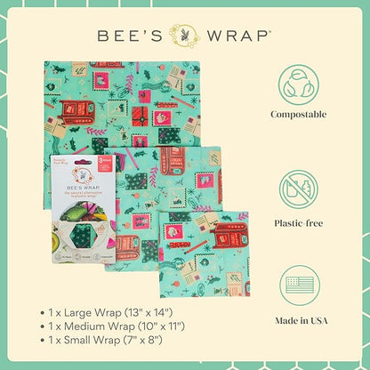 Bee's Wrap Beeswax Wraps for Food - Made in USA Reusable & Organic Food Wraps, Sandwich Wrap & Bowl Covers - Eco-Friendly Alternative to Aluminum Foil, Seasons Greetings 3 Pack (S, M, L)