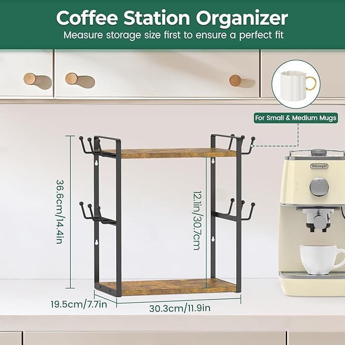 EsLuker.ly 2 Tier Coffee Mug Holder Station Bar Organize Countertop, Mug Cup Tree Rack for Kitchen Office, Storage Shelf with 12 Hooks, Creat Stylish Coffee Corner, Vintage Brown-Black
