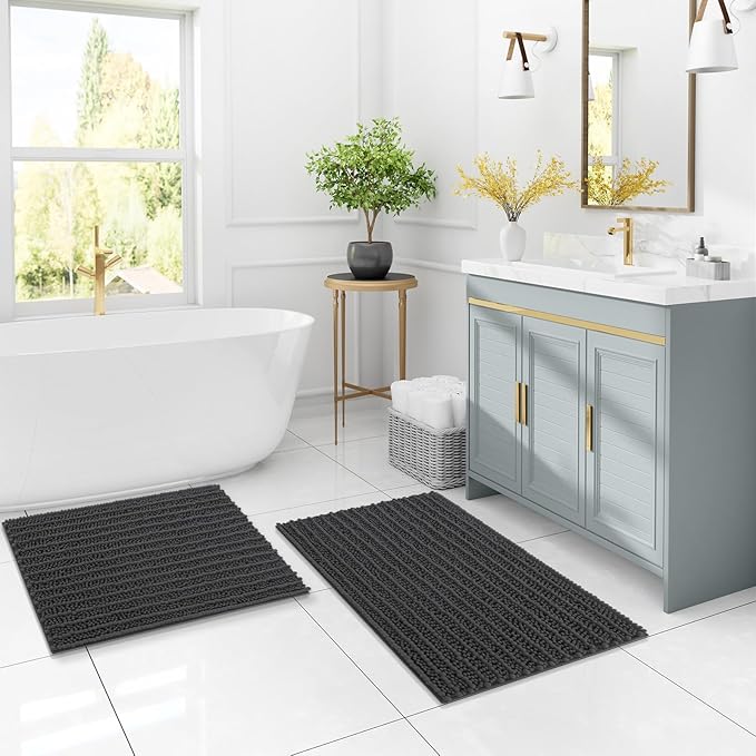 Arotive Luxury Chenille Bathroom Rug Mat, Extra Soft Thick Absorbent Shaggy Bath Rugs, Non-Slip Machine Wash Dry, Plush Bath Mats for Bathroom, Shower and Tub, 36x24, Dark Grey