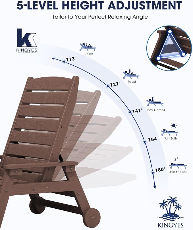 KINGYES HDPE Lounge Chair Outdoor, Patio Chaise Lounge Recliner - Image 3