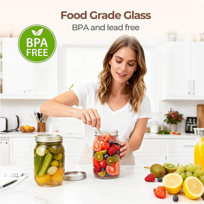 ComSaf Wide Mouth Mason Jars 32 oz with Lids 2 Pcs, Quart Mason Jars with Seal Band, Large Glass Jar, Big Canning Containers for Pickles, Jams, Sauces, Salsa, Sourdough, Salad, Suntea, Food Storage