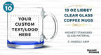 Custom Libbey Clear Glass Coffee Mugs 13 oz. Set of 10, Personalized Bulk Pack - Perfect for Coffee, Tea, Espresso, Hot Cocoa, Other Beverages - Blue Bottom