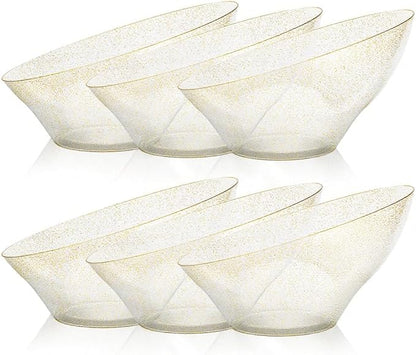 BESTVIP 54oz Clear with Gold Glitter Serving Bowls for Party - 12 Pack Angled Disposable Serving Bowls for Chips, Snacks, Fruit, Salad - Decorative Catering Bowls for Daily Use,Halloween, Christmas