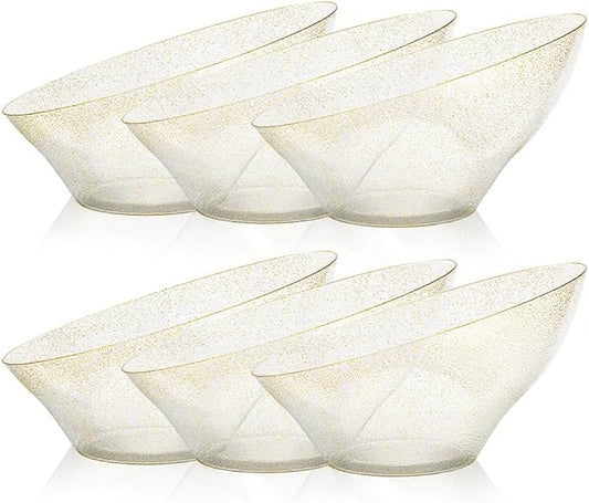 BESTVIP 54oz Clear with Gold Glitter Serving Bowls for Party - 12 Pack Angled Disposable Serving Bowls for Chips, Snacks, Fruit, Salad - Decorative Catering Bowls for Daily Use,Halloween, Christmas