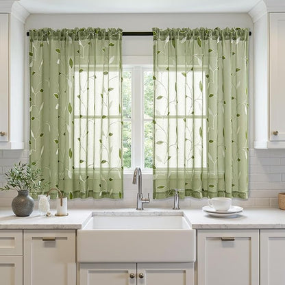 MIULEE Sage Green Sheer Curtains 2 Panels Leaf Patterned, W52 x L45 | - Image 2